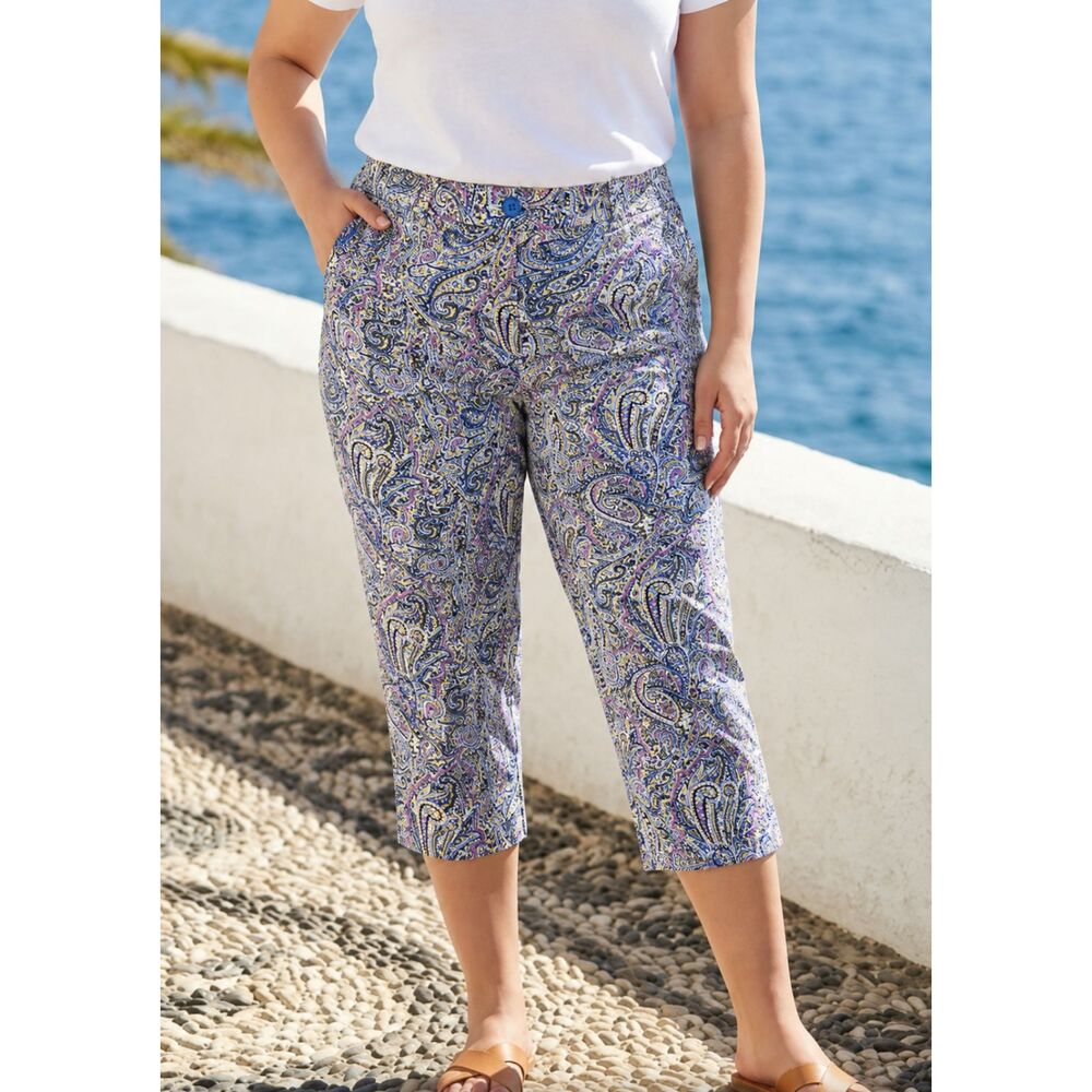 Talbots Womens Paisley Capri Cropped Pants Size 14P Petite Blue Purple Stretch